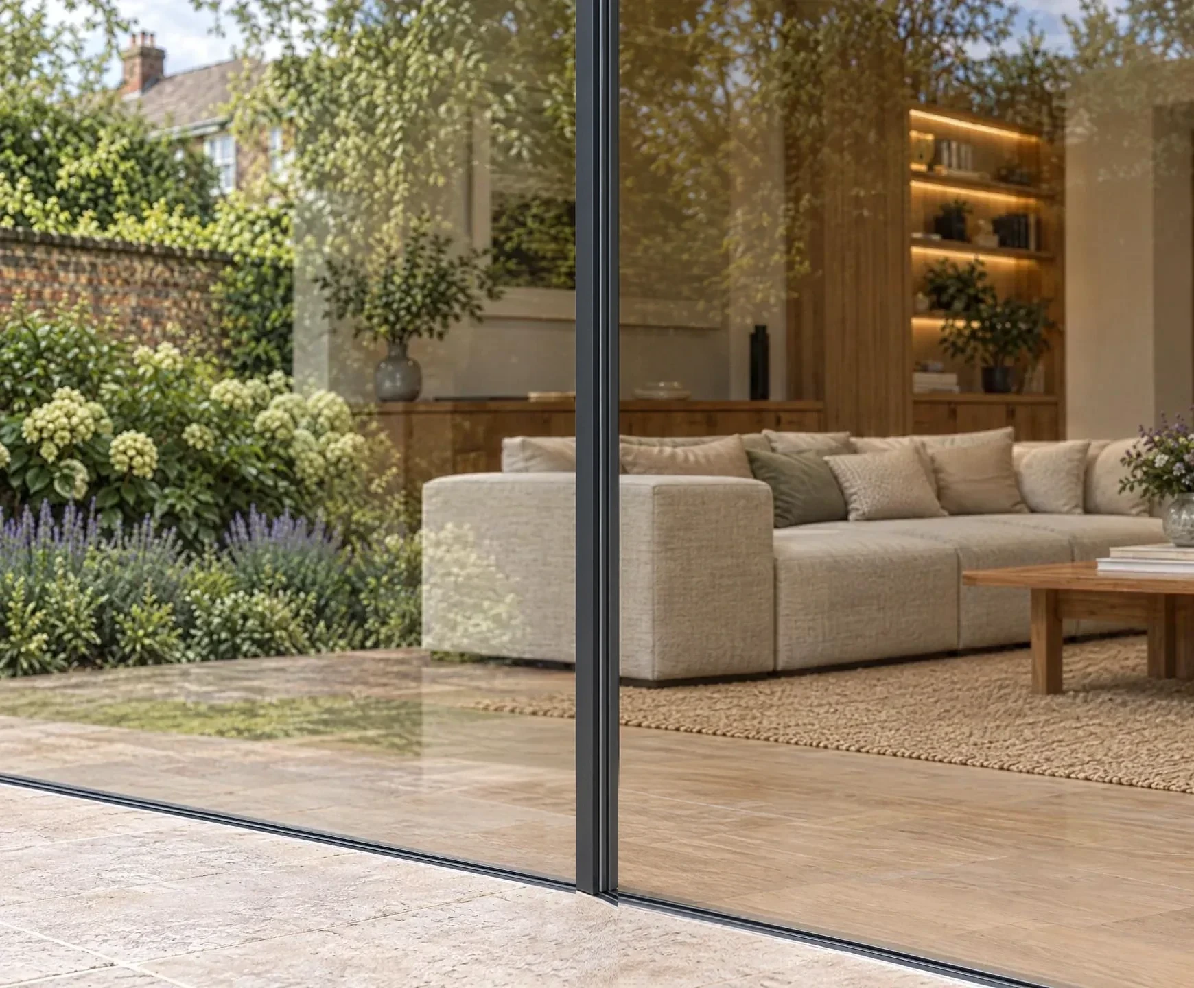 Illustrative concept close-up of the narrow Invisible20 meeting stile between two glazed panels, with a recessed track at floor level