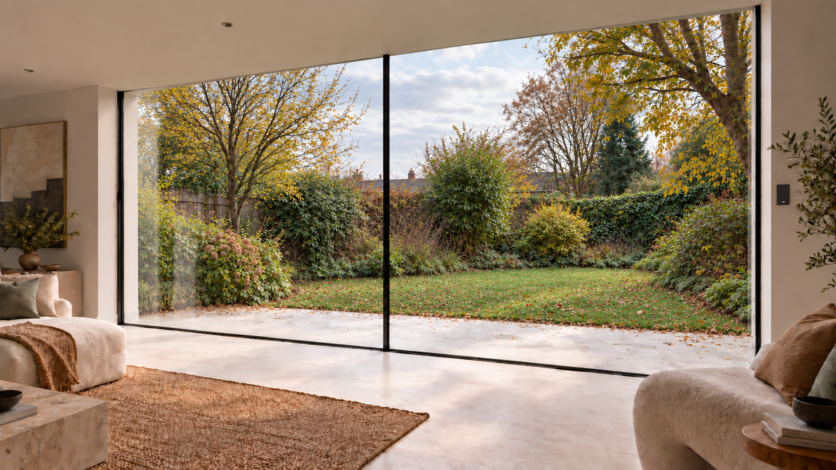 Minimal interior opening to a sunlit garden through slim-framed glazing