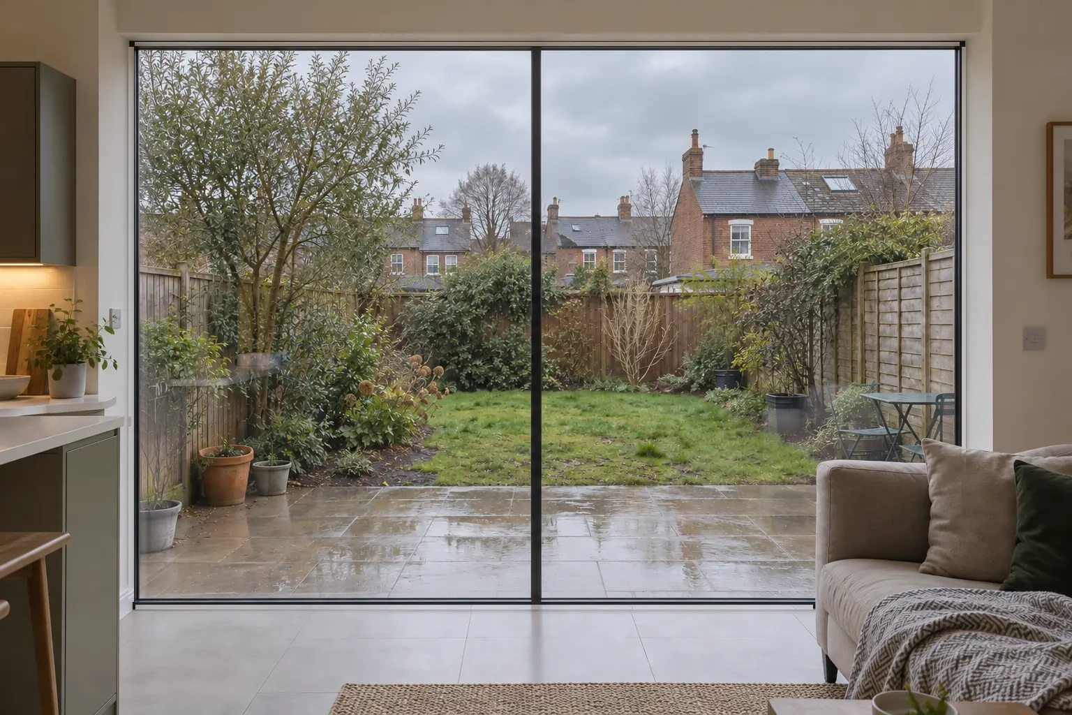 View from a kitchen through two slim-framed sliding glass panes meeting at a single central stile, onto a UK garden on an overcast, rainy day