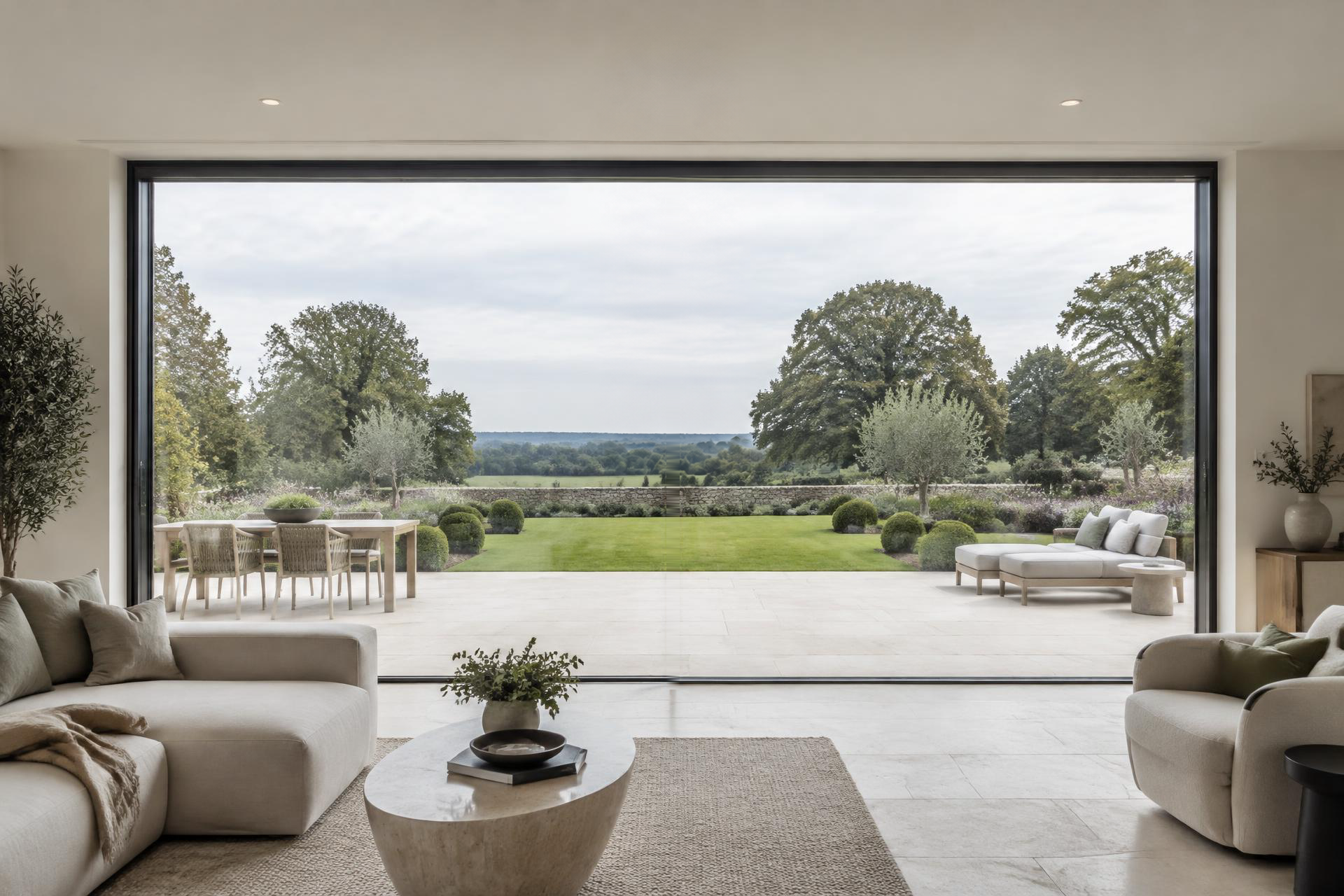 Contemporary interior opening onto a landscaped garden through ultra-slim sliding glazing
